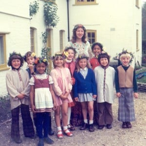 The first picture taken at Folly Farm in 1972, with Christine Polyblank and the first class at the school.
