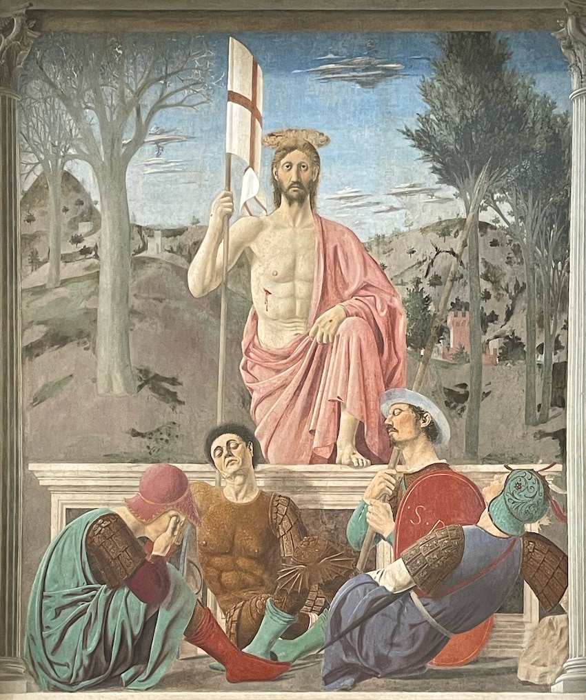 The Resurrection is a fresco painting by the Italian Renaissance master Piero della Francesca, painted in the 1460s in the Palazzo della Residenza in the town of Sansepolcro, Tuscany, Italy.